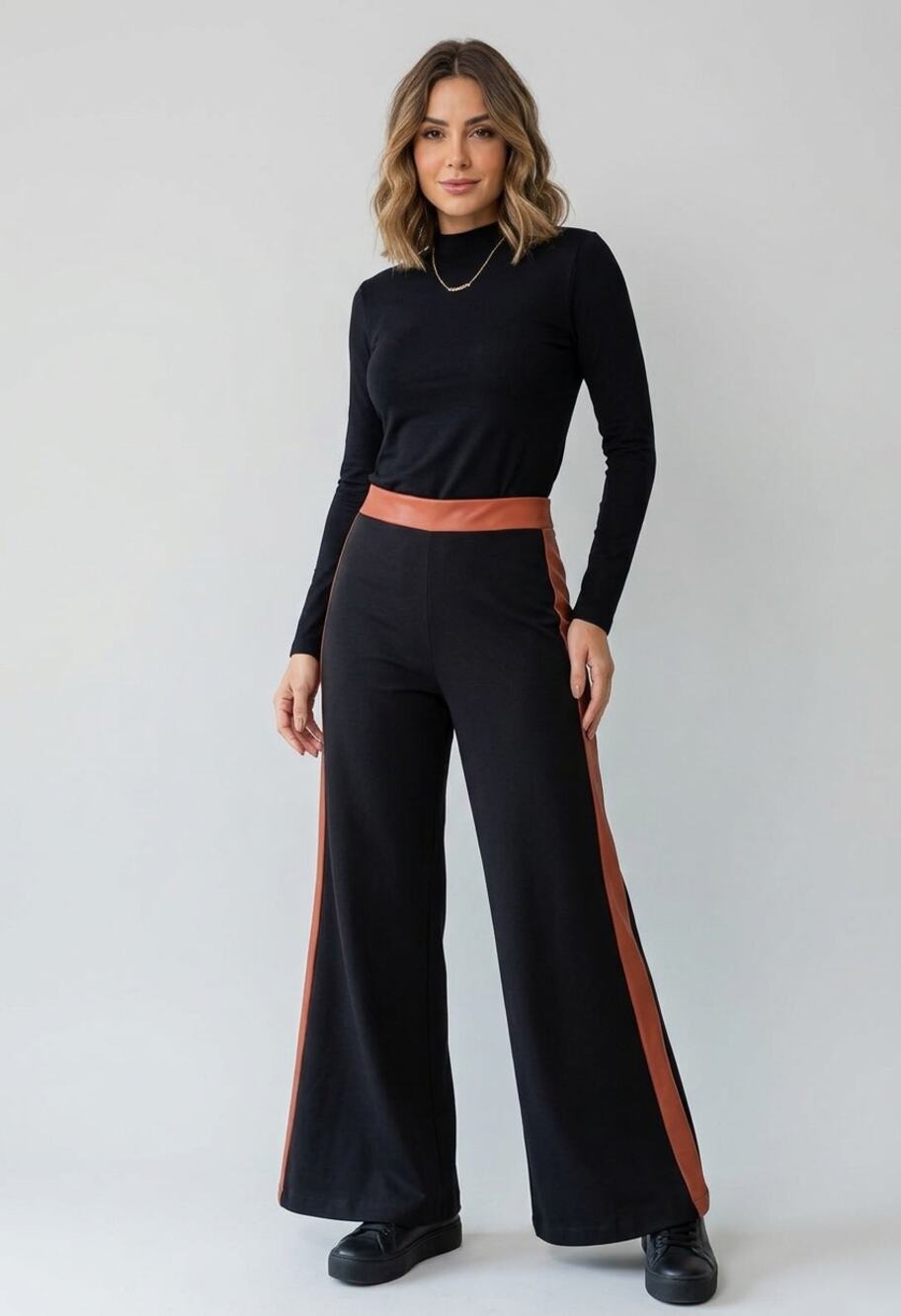 Staud Wide Leg Pants M Black Brown Side Faux Leather Career Work Retro Edgy Chic